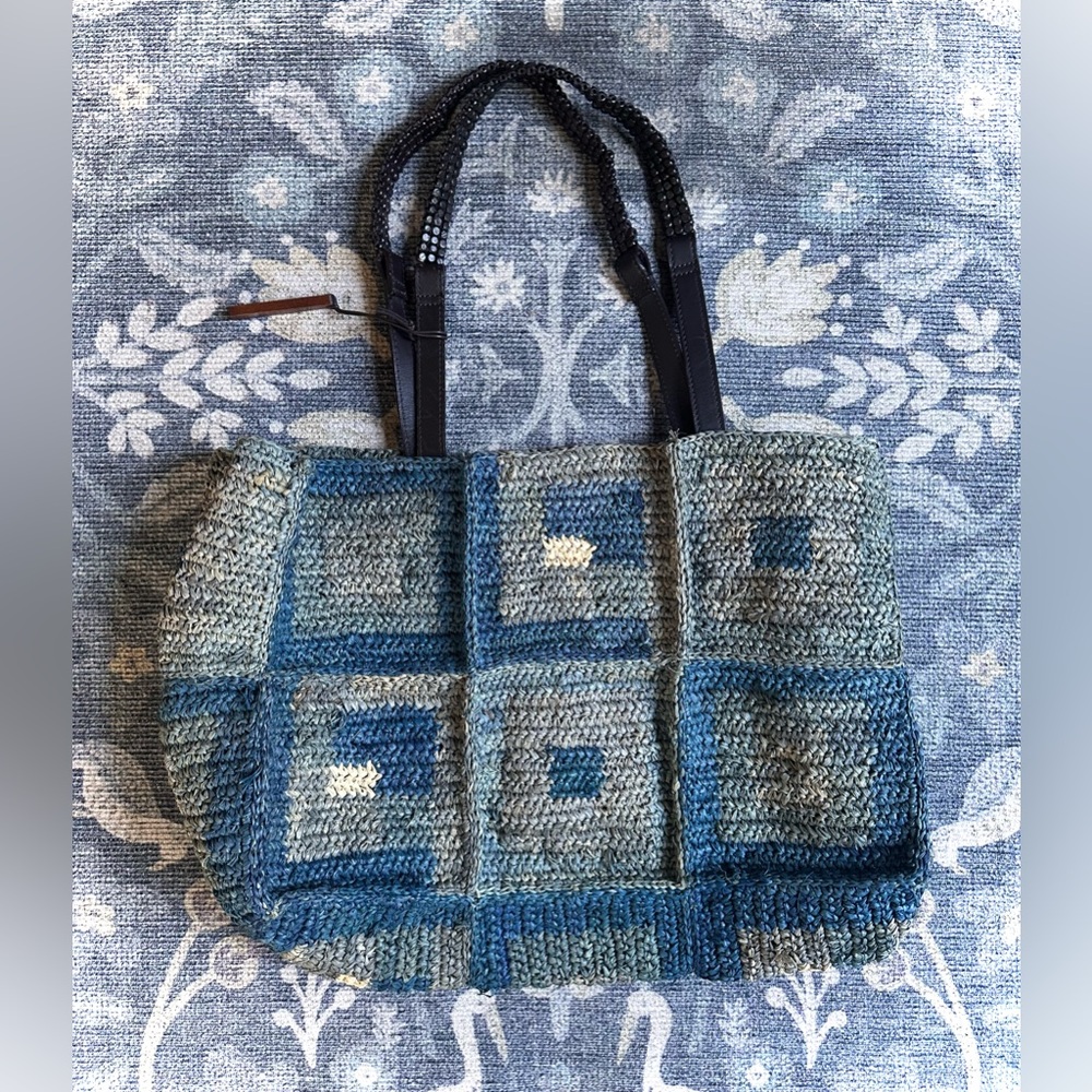 Sigrid Olsen Blue Rafia Squares and leather trim Tote Bag